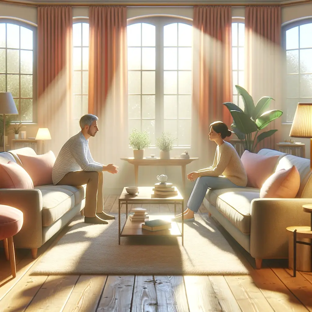 Two individuals engaged in a conversation while seated across from each other in a sunny living room.