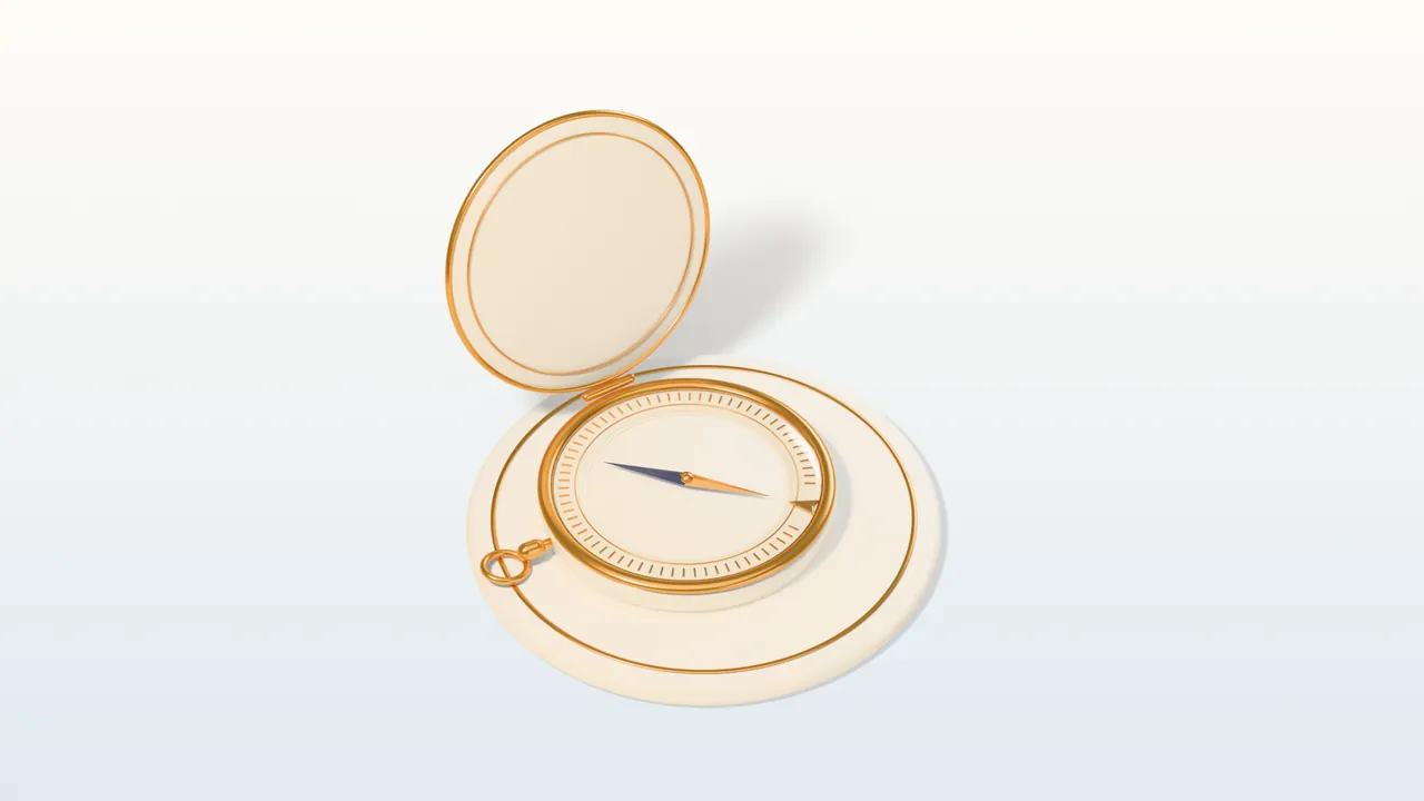 A 3D illustration of an open cream and gold pocket compass, its navy and gold needle on a gold mark.