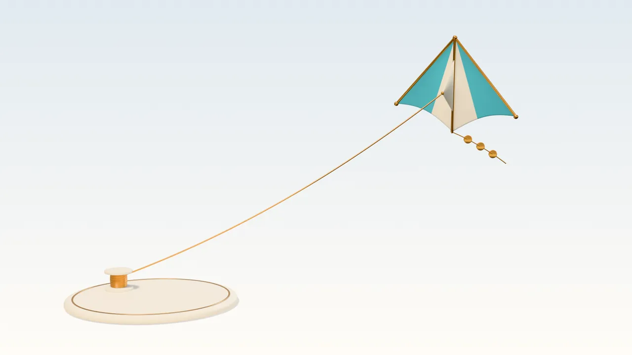 A 3D illustration of a blue and cream kite flying high on a fine gold line from a small spool.
