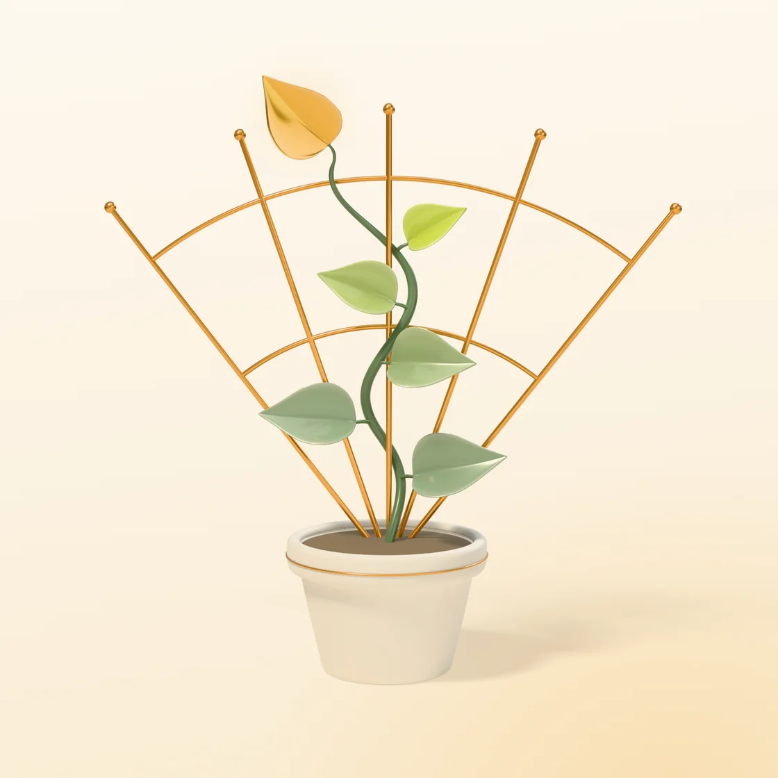 A 3D illustration of a young green vine climbing a slender gold trellis, one gold leaf open at the top.