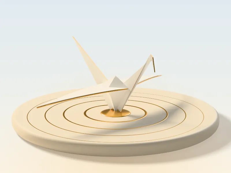A 3D illustration of a folded cream paper crane with gold edges, resting on golden rings in morning light.