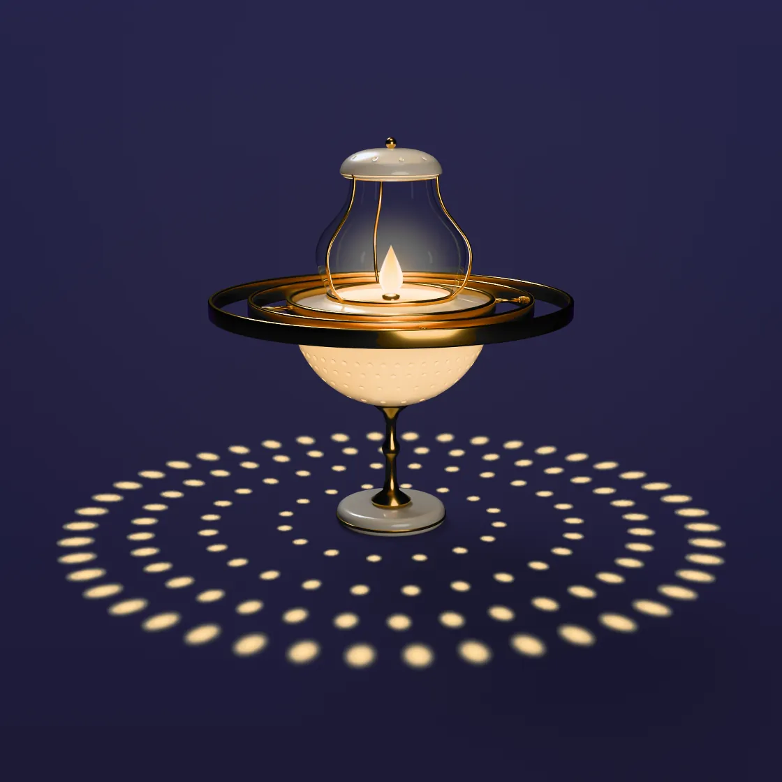 A 3D illustration of a porcelain lantern level in two gold rings, its steady flame casting rings of light.